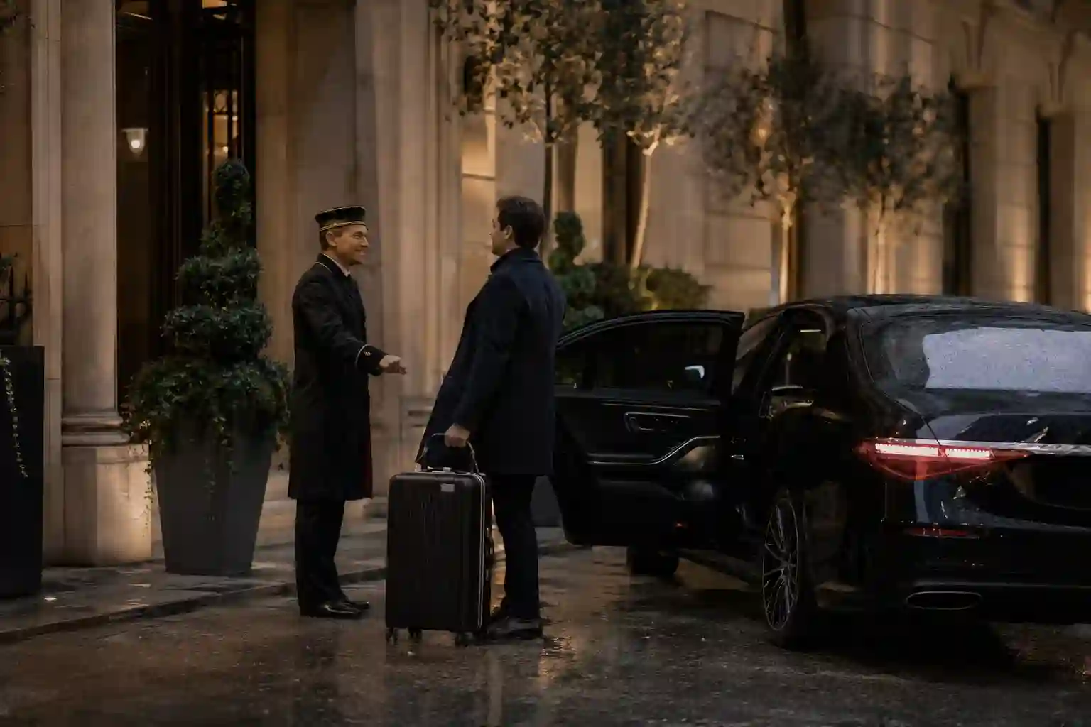 Concierge luggage assistance beside an executive vehicle